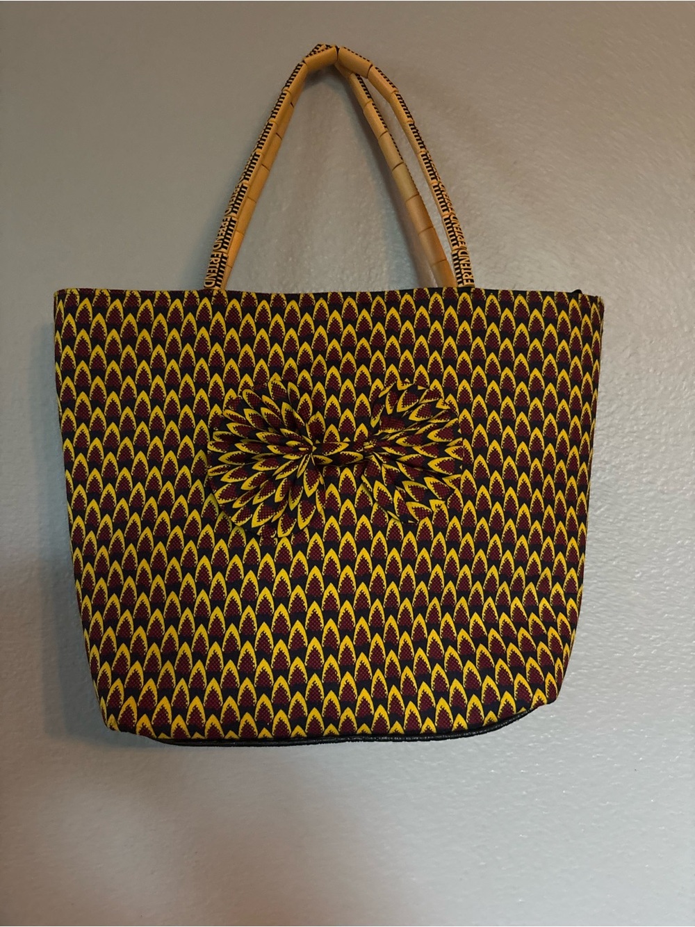 Printed Yellow & Maroon Tote Bag with Decorative Bow